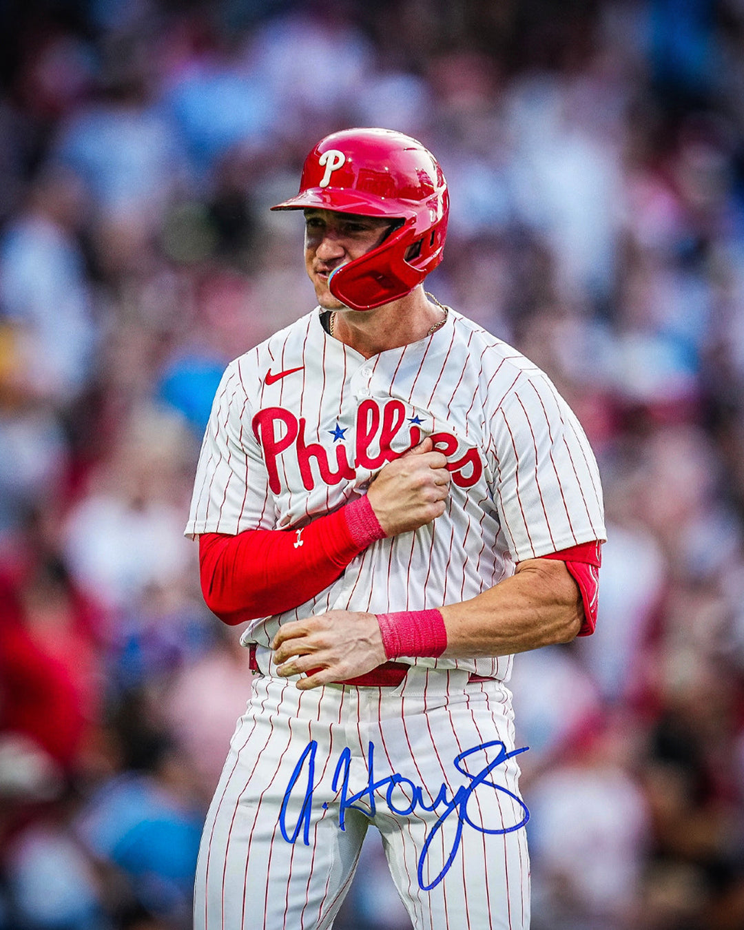 Austin Hays Chest Pound Autographed Philadelphia Phillies 8" x 10" Baseball Photo