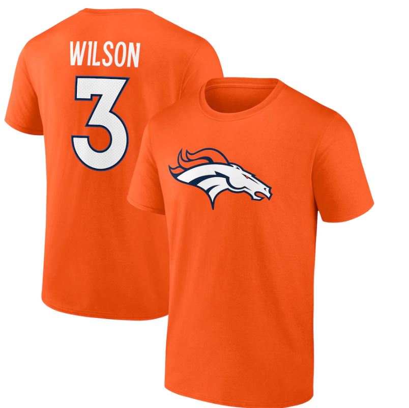Russell Wilson Denver Broncos Player Icon Orange Name & Number T-Shirt