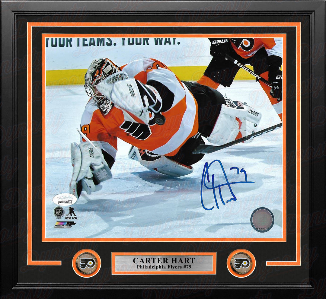 Carter Hart Philadelphia Flyers Diving Save vs. Canucks Autographed Framed Hockey Photo