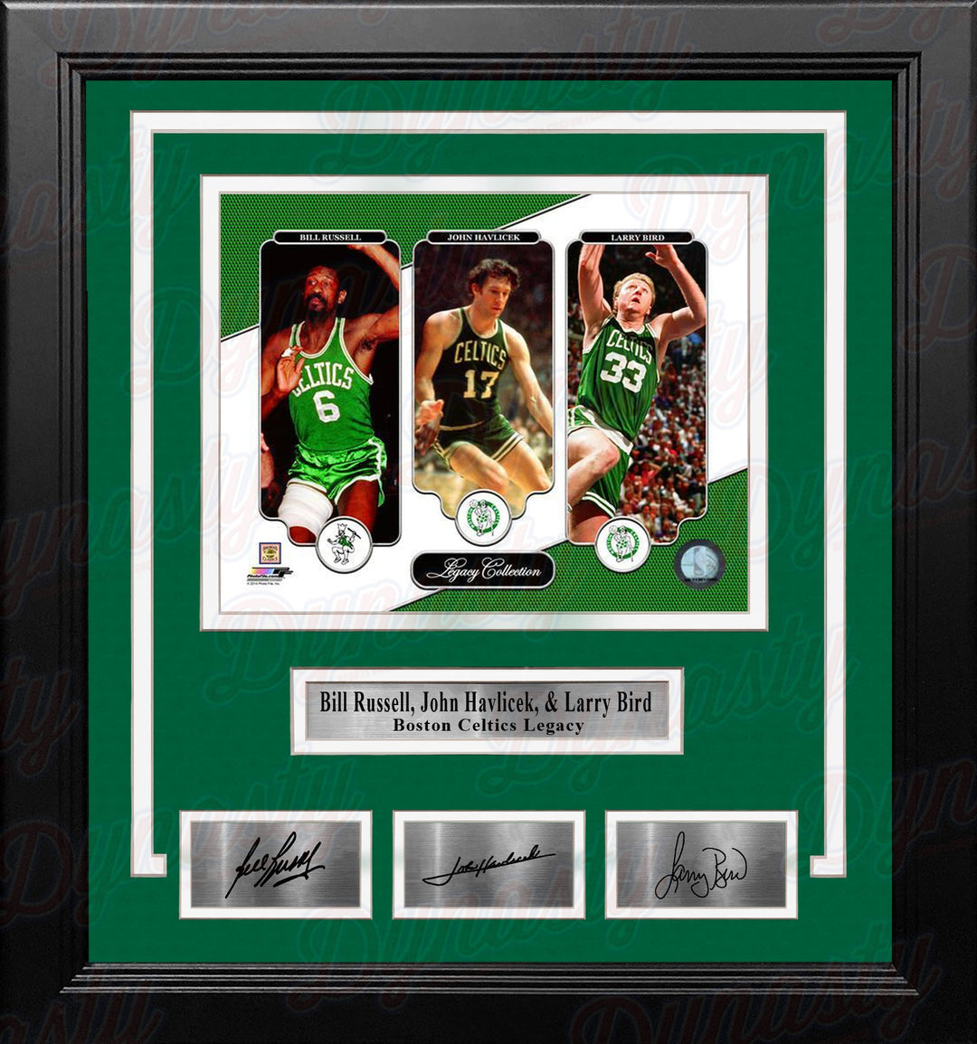 Bill Russell, John Havlicek, & Larry Bird Boston Celtics 8x10 Framed Photo with Engraved Autographs