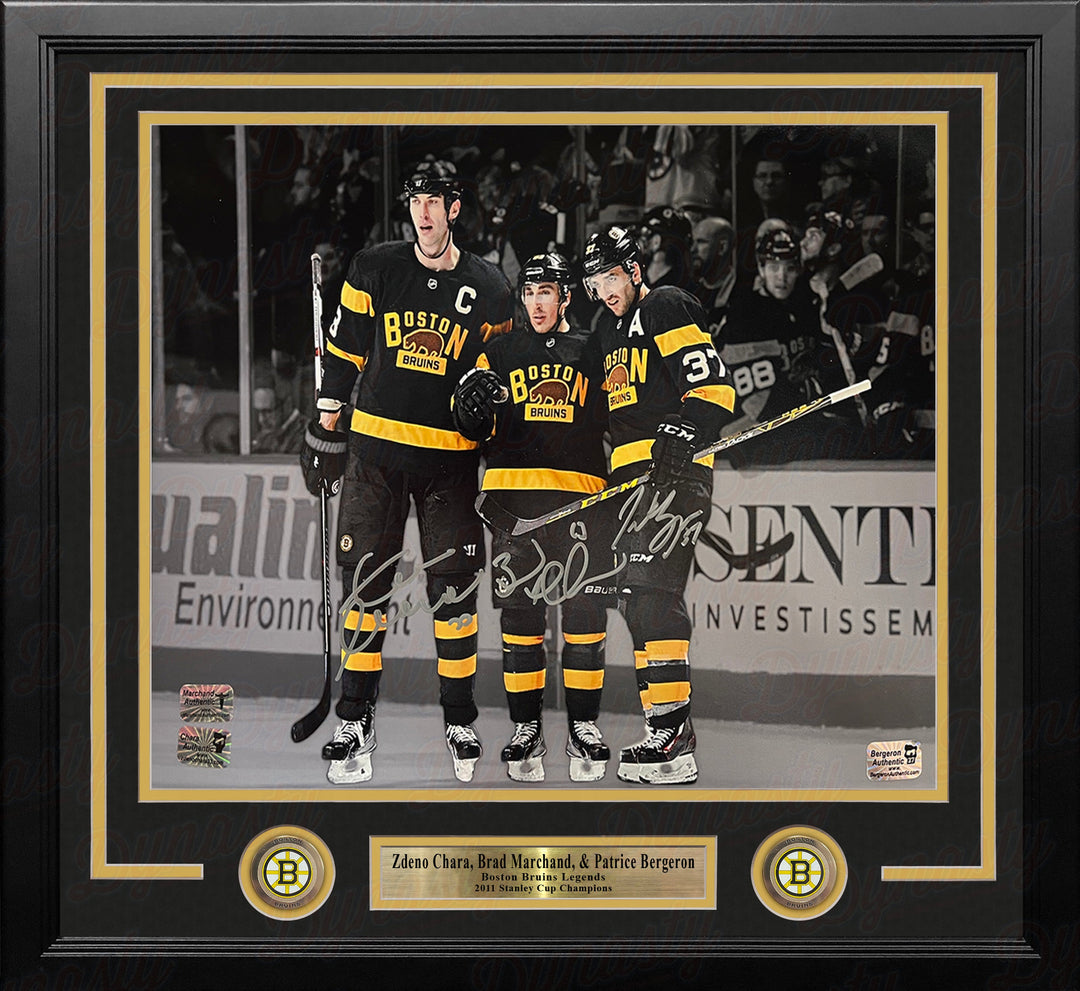 Zdeno Chara, Brad Marchand, Patrice Bergeron Boston Bruins Autographed 11x14 Framed Blackout Photo