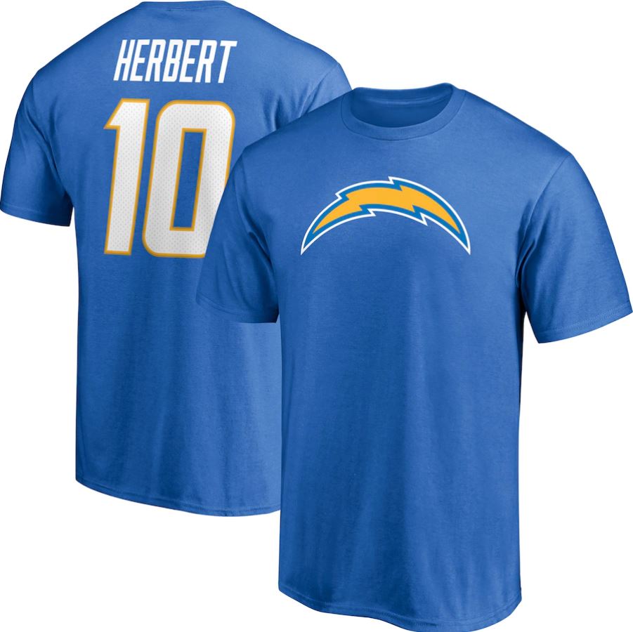 Justin Herbert Los Angeles Chargers Player Icon Name & Number T-Shirt - Powder Blue