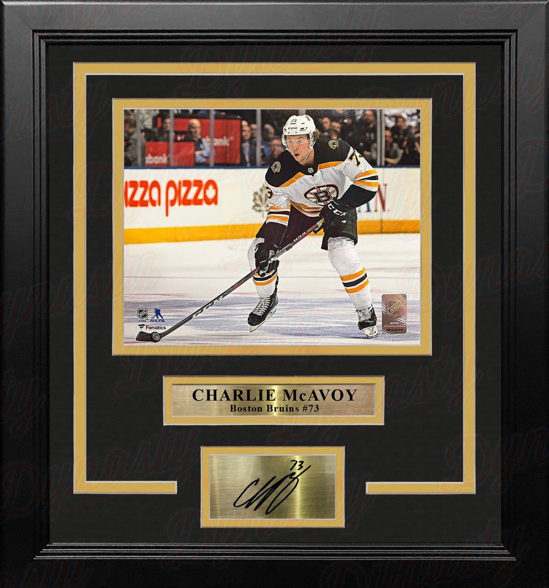 Charlie McAvoy in Action Boston Bruins 8x10 Horizontal Framed Hockey Photo with Engraved Autograph