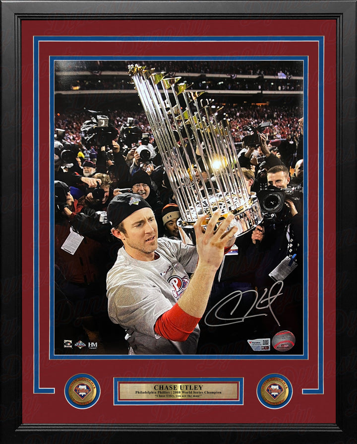 Chase Utley 2008 World Series Trophy Philadelphia Phillies Autographed 11" x 14" Framed Baseball Photo