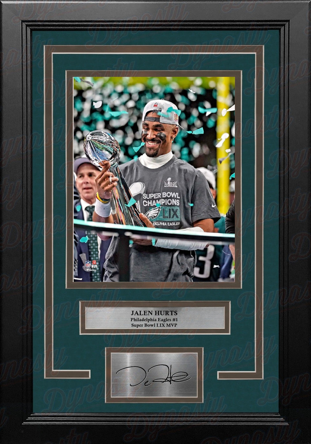 Jalen Hurts Trophy Philadelphia Eagles Super Bowl Champions 8x10 Framed Photo & Engraved Autograph