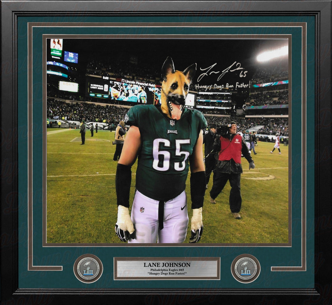 Lane Johnson Underdog Philadelphia Eagles Autographed 16x20 Framed Photo Insc Hungry Dogs Run Faster