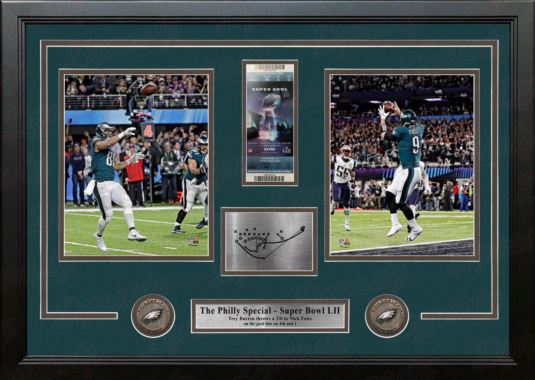 The Philly Special Eagles Super Bowl LII Collage with Engraved Play and Ticket 28x18 Framed Panorama