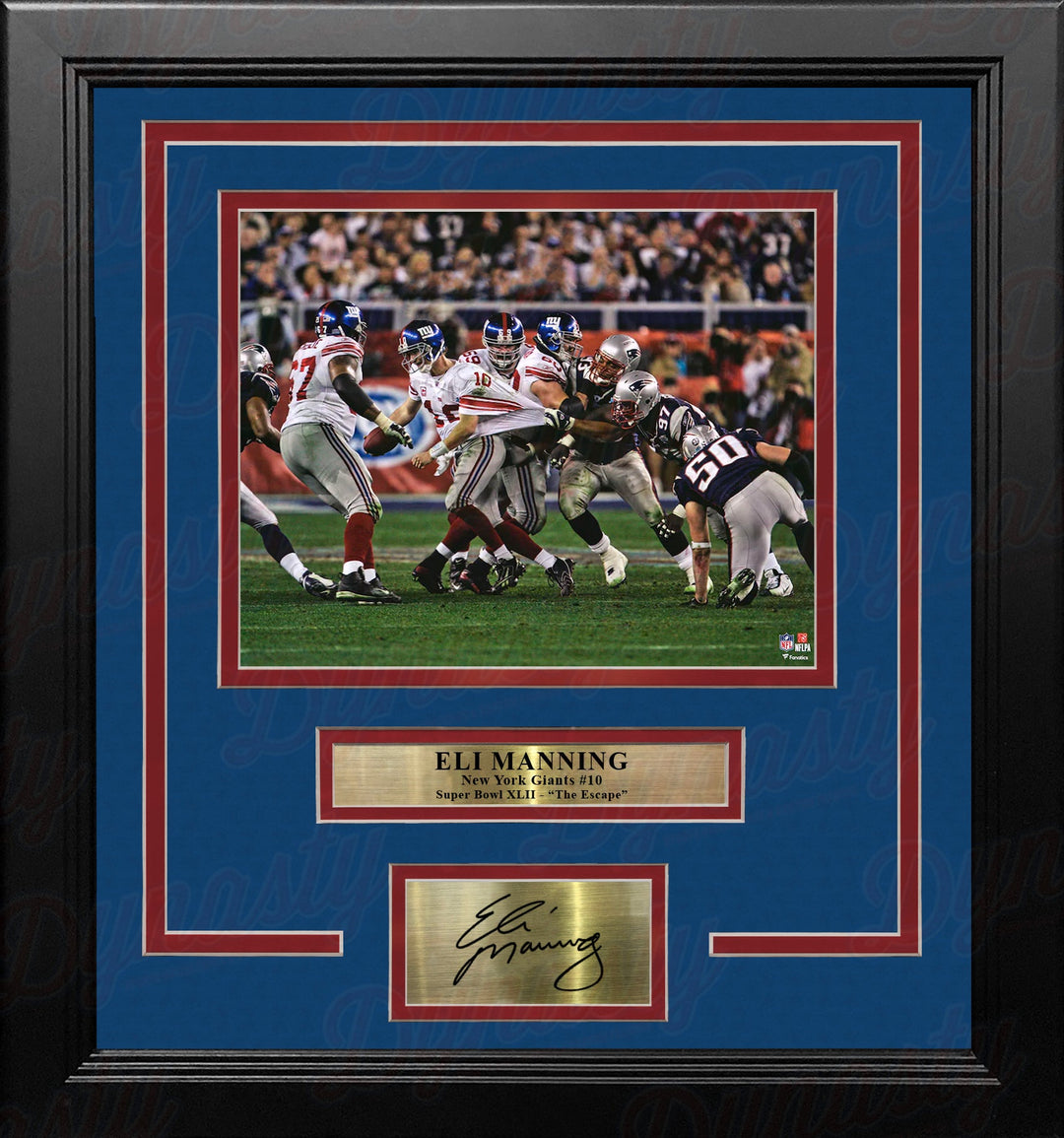 Eli Manning Super Bowl XLII Sack Escape New York Giants 8x10 Framed Photo with Engraved Autograph
