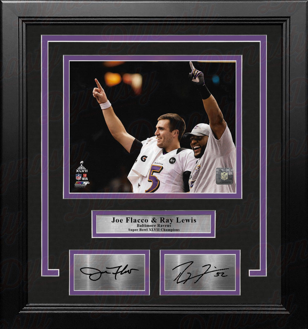 Joe Flacco & Ray Lewis Baltimore Ravens Super Bowl Champs 8x10 Framed Photo with Engraved Autographs