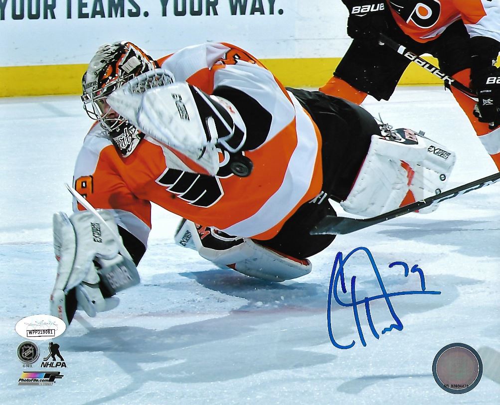 Carter Hart Philadelphia Flyers Diving Save vs. Canucks Autographed NHL Hockey Photo