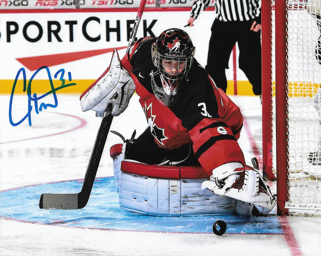 Carter Hart Philadelphia Flyers In Goal for Team Canada Autographed 16" x 20" Hockey Photo