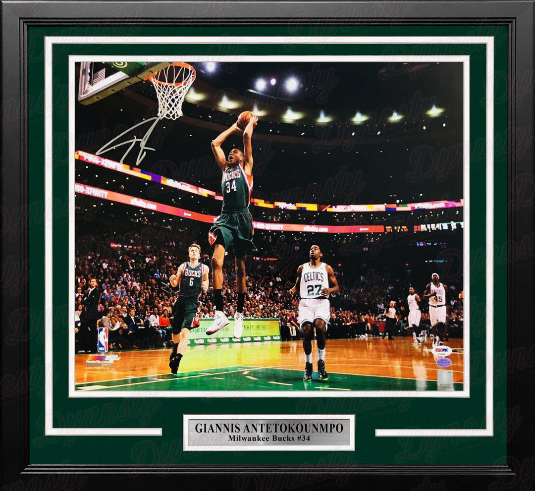 Giannis Antetokounmpo Slam Dunk v. Celtics Milwaukee Bucks Autographed 16x20 Framed Basketball Photo