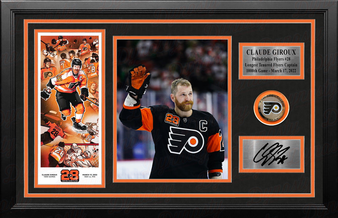 Claude Giroux 1000th Game Philadelphia Flyers Framed Photo with Engraved Autograph & Ticket