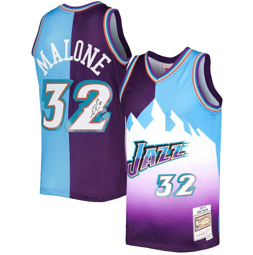 Karl Malone Utah Jazz Autographed Mitchell & Ness Split Basketball Jersey