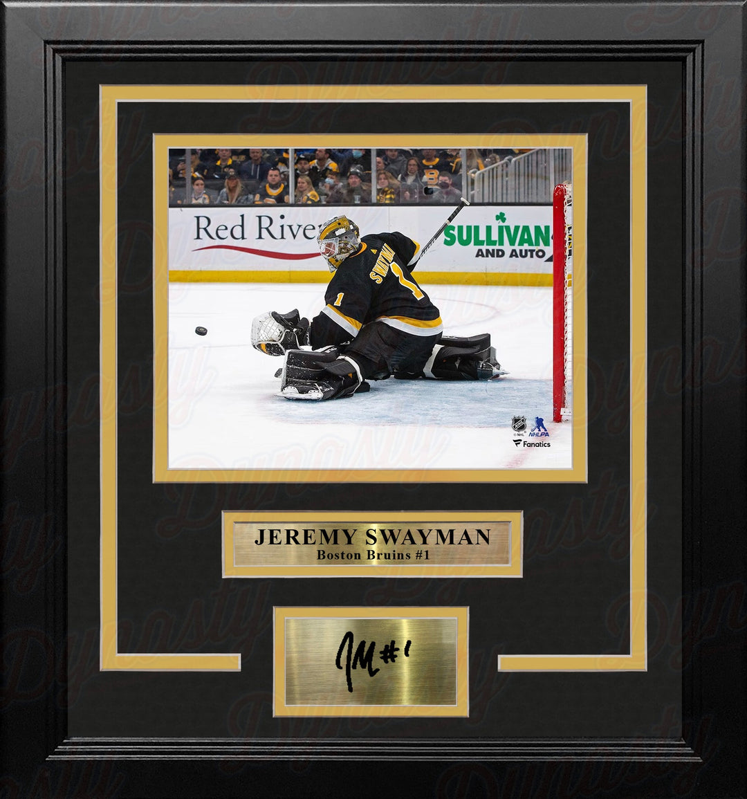 Jeremy Swayman in Action Boston Bruins 8" x 10" Framed Hockey Photo with Engraved Autograph
