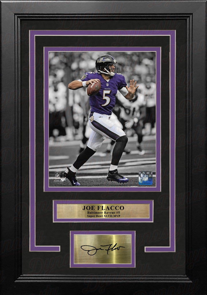 Joe Flacco Spotlight Action Baltimore Ravens 8x10 Framed Football Photo with Engraved Autograph