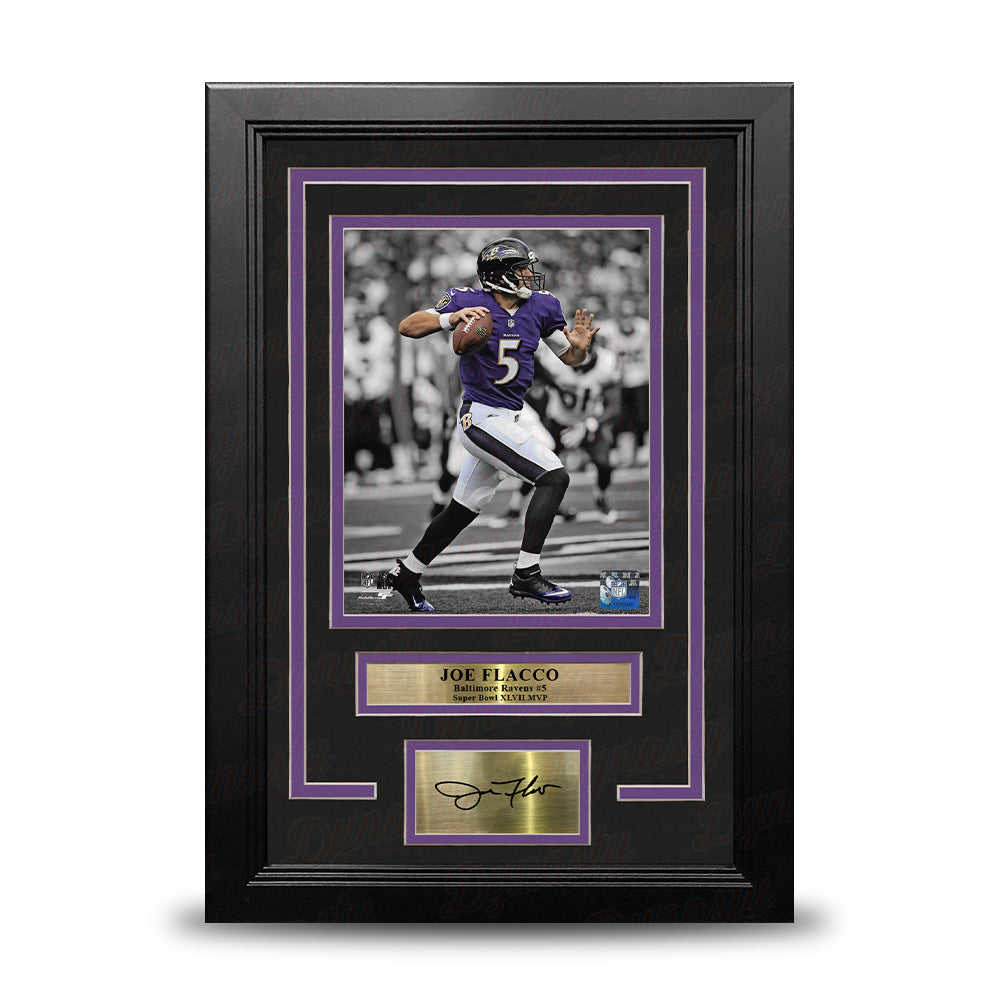 Joe Flacco Spotlight Action Baltimore Ravens 8x10 Framed Football Photo with Engraved Autograph