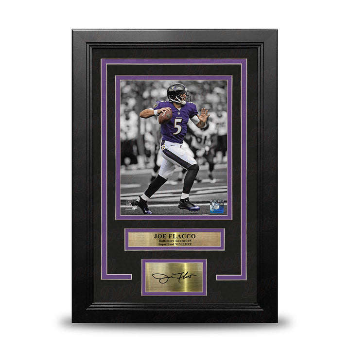 Joe Flacco Spotlight Action Baltimore Ravens 8x10 Framed Football Photo with Engraved Autograph