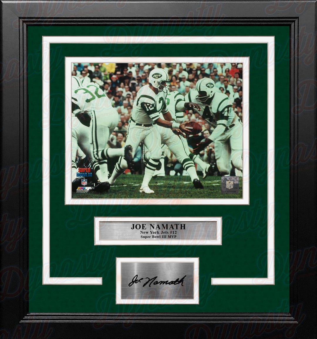 Joe Namath Super Bowl III Color New York Jets 8x10 Framed Football Photo with Engraved Autograph