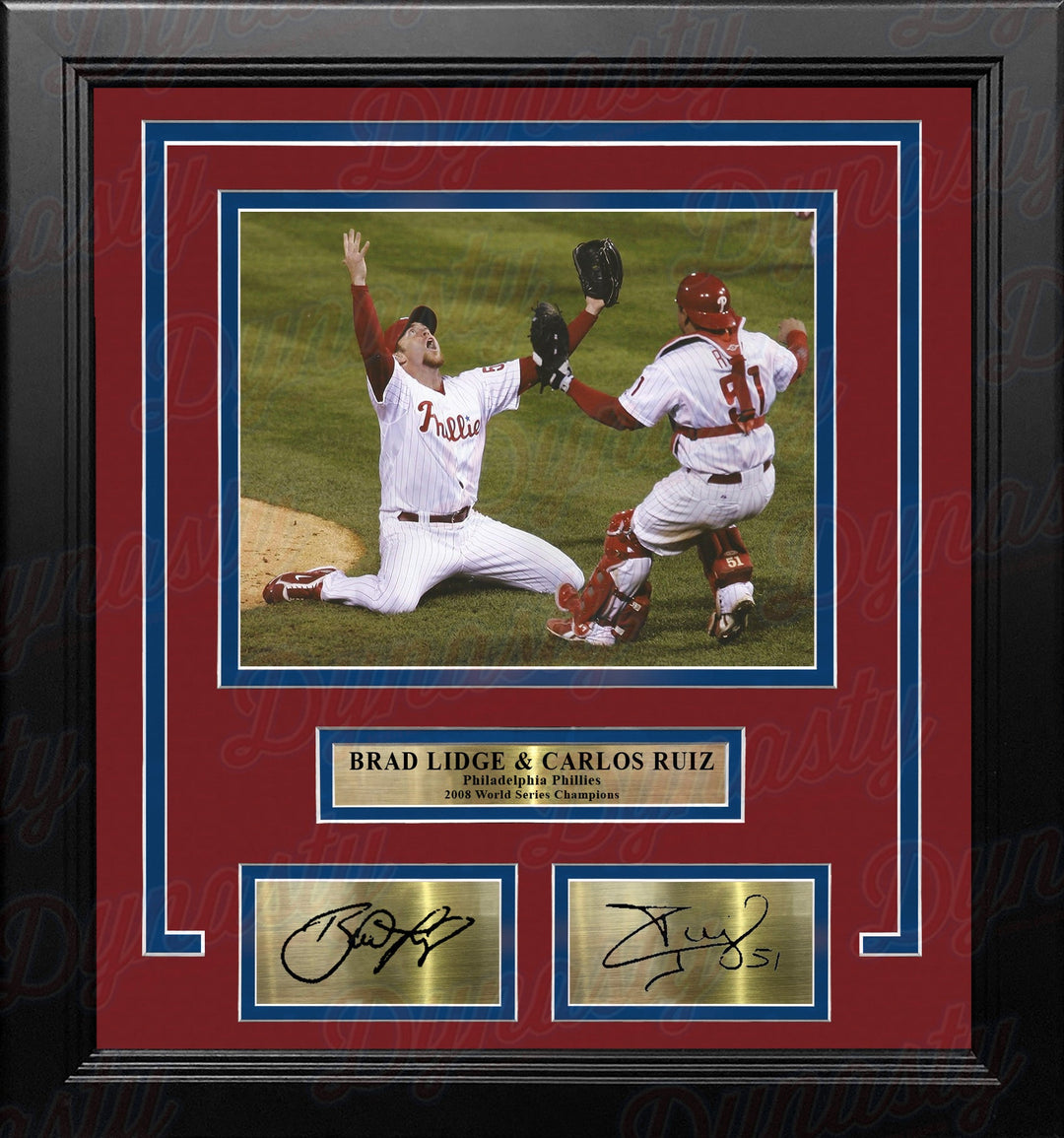 Brad Lidge & Carlos Ruiz 2008 World Series Last Out Celebration Philadelphia Phillies Framed Baseball Photo with Engraved Autographs