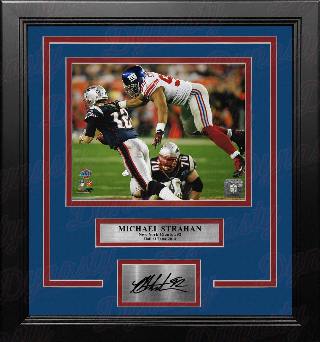 Michael Strahan Sacks Brady Super Bowl XLII NY Giants 8x10 Framed Photo with Engraved Autograph