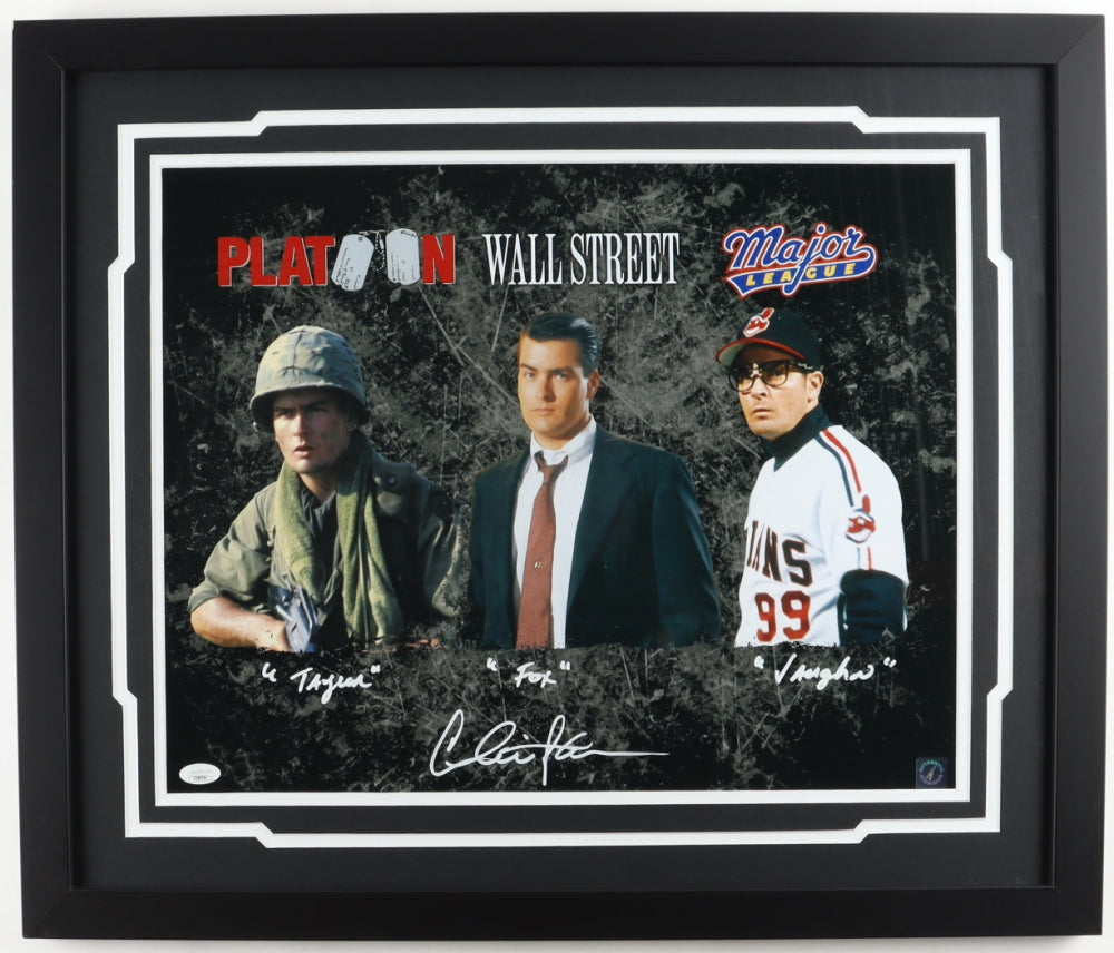 Charlie Sheen Platoon, Wall Street, & Major League Autographed 16" x 20" Framed Movie Collage Photo