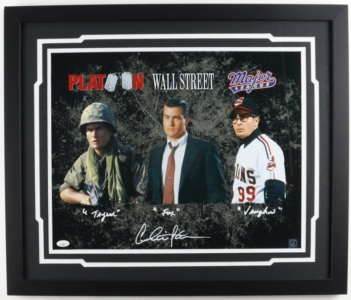 Charlie Sheen Platoon, Wall Street, & Major League Autographed 16" x 20" Framed Movie Collage Photo