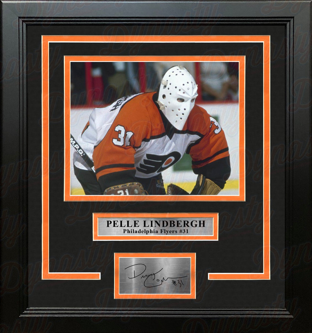 Pelle Lindbergh in Action Philadelphia Flyers Framed Hockey Photo with Engraved Autograph
