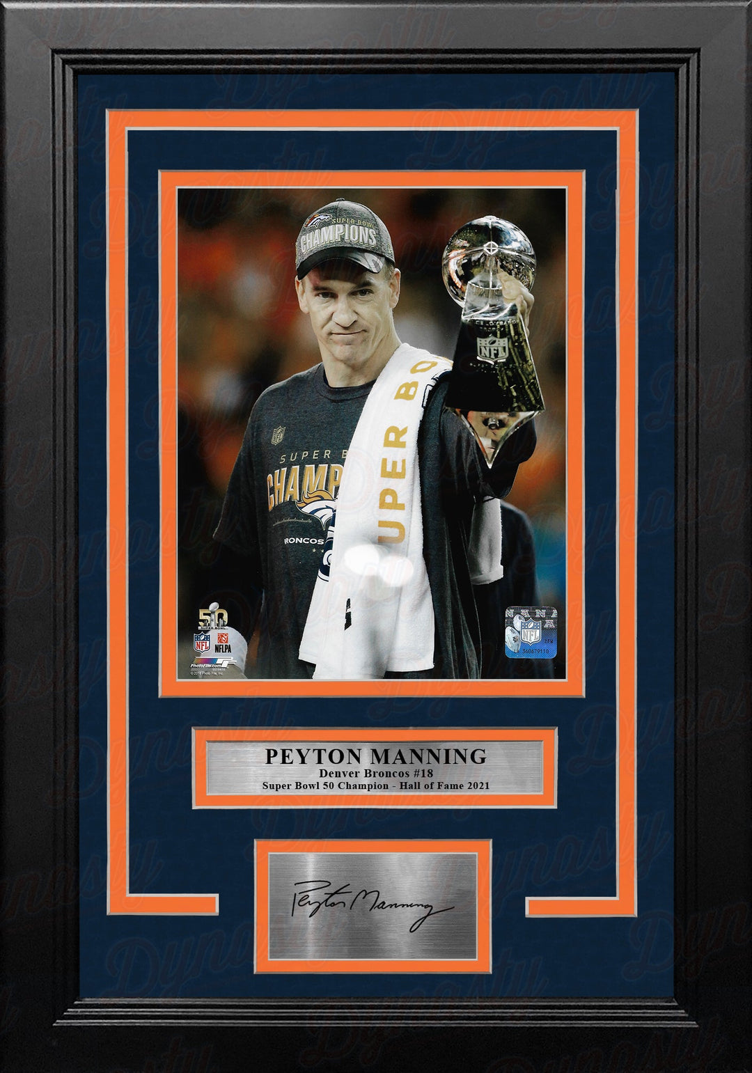 Peyton Manning Super Bowl Trophy Denver Broncos 8x10 Framed Football Photo with Engraved Autograph