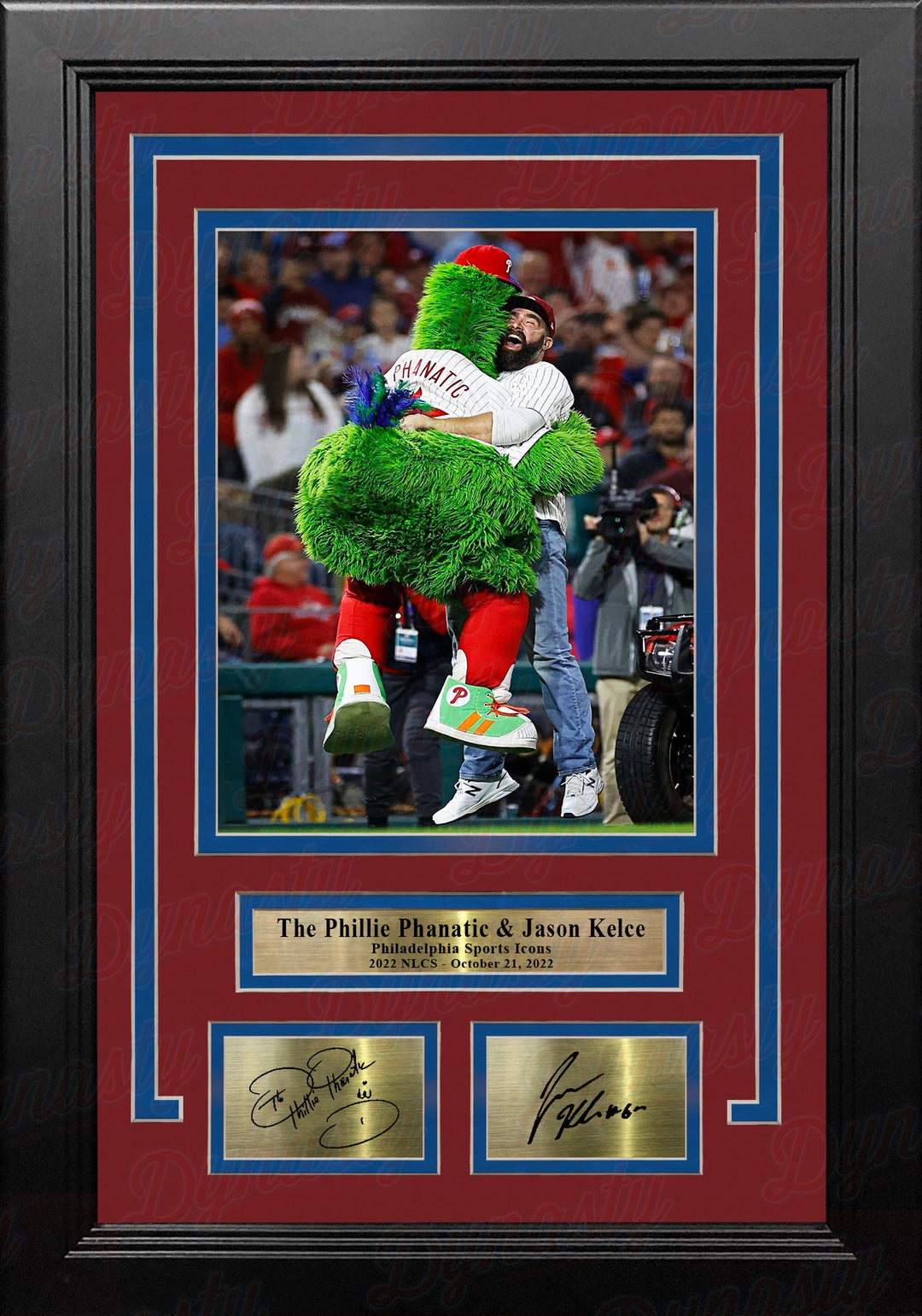 The Phillie Phanatic & Jason Kelce Rally the Phillies Framed Baseball Photo with Engraved Autographs