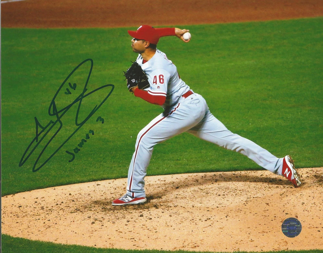 Jeanmar Gomez in Action Autographed Philadelphia Phillies Baseball Photo