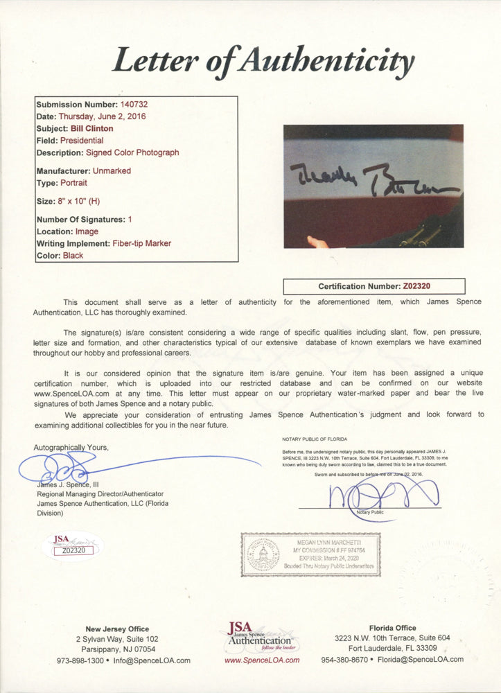 Bill Clinton 42nd President of the United States Autographed 8" x 10" Framed Photo