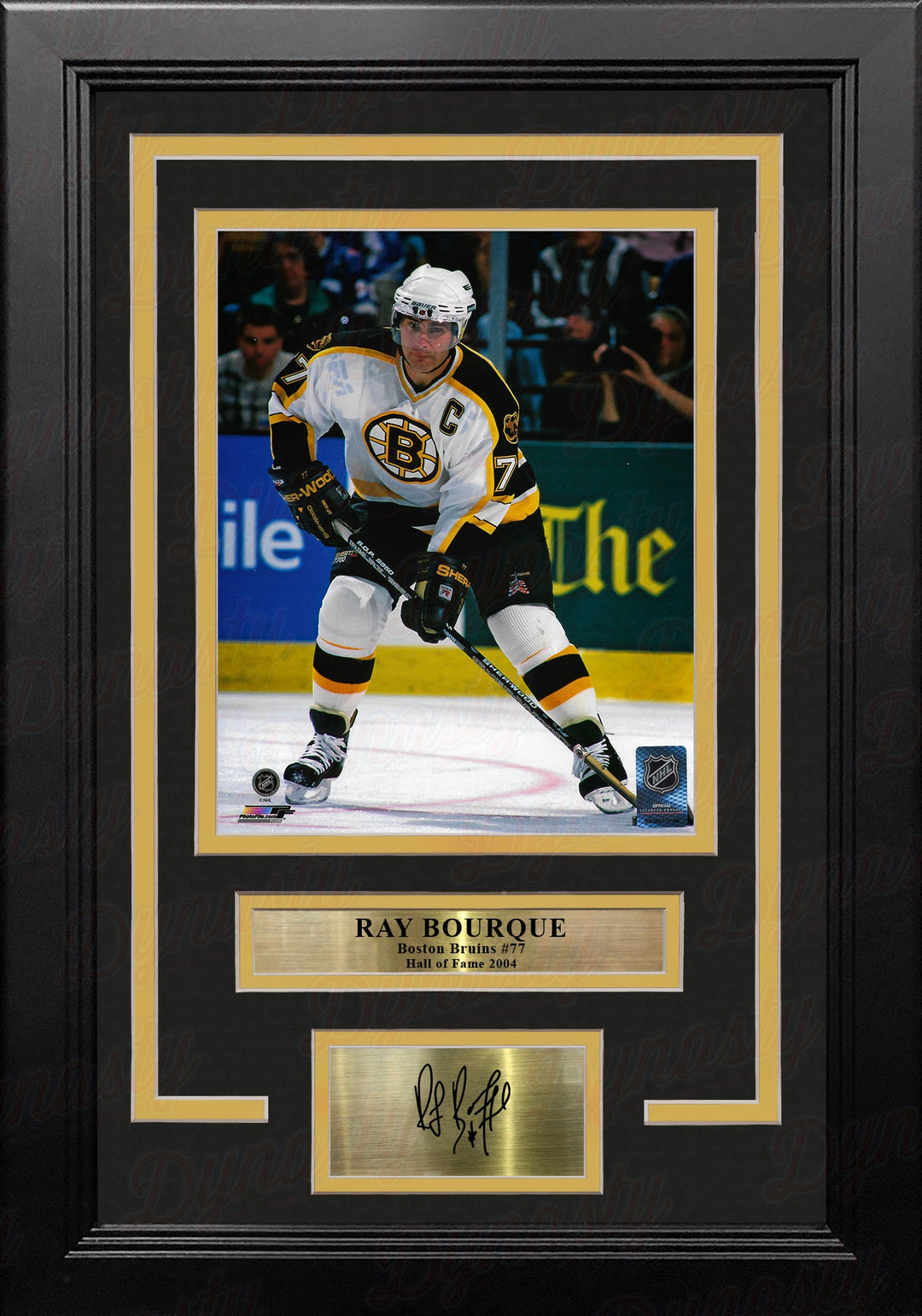 Ray Bourque in White Boston Bruins 8" x 10" Framed Hockey Photo with Engraved Autograph