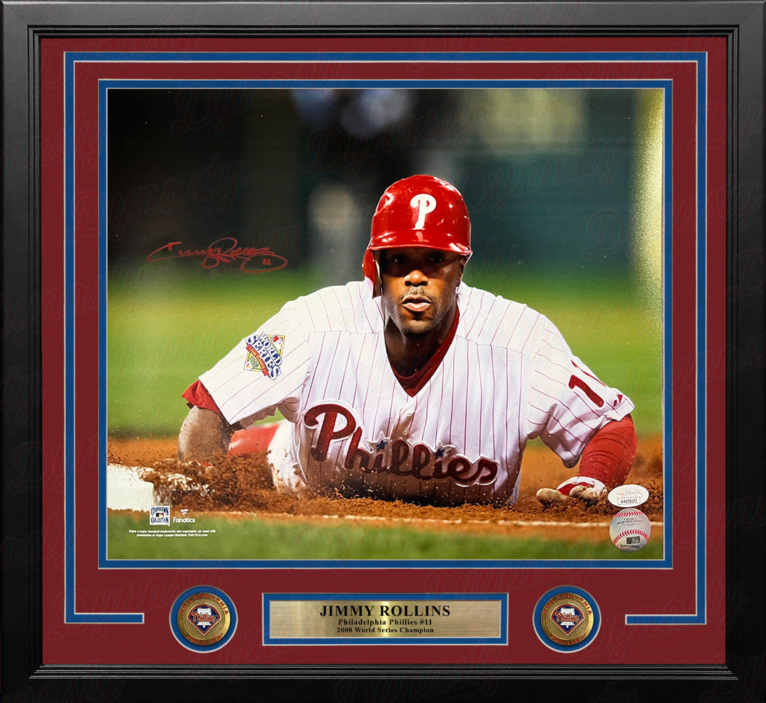 Jimmy Rollins 2008 World Series Slide Autographed Philadelphia Phillies 16x20 Framed Baseball Photo