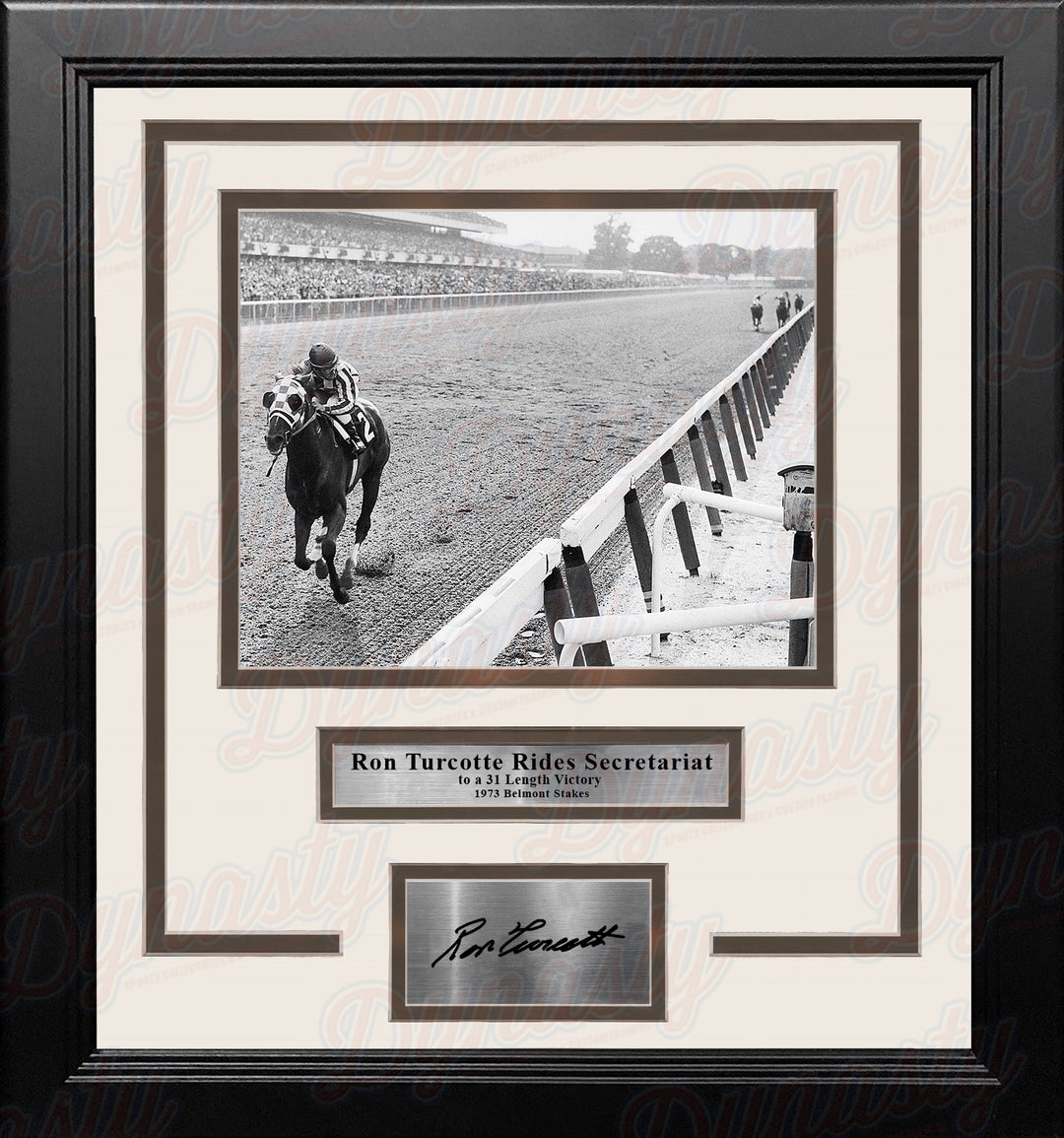 Ron Turcotte Riding Secretariat '73 Belmont Stakes Framed Horse Racing Photo with Engraved Autograph