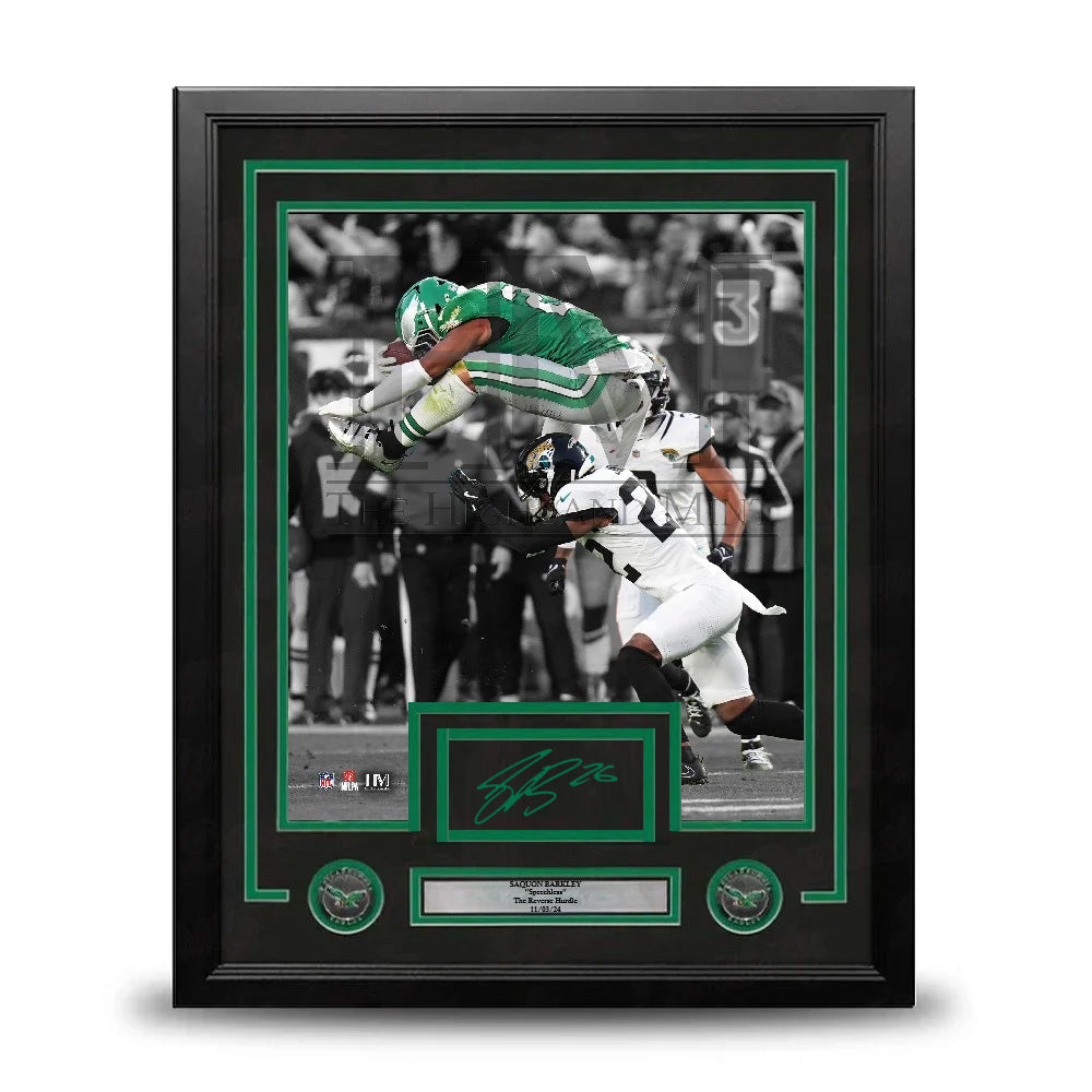 Saquon Barkley Reverse Hurdle Philadelphia Eagles Autographed 11x14 Framed Photo with Cut Signature