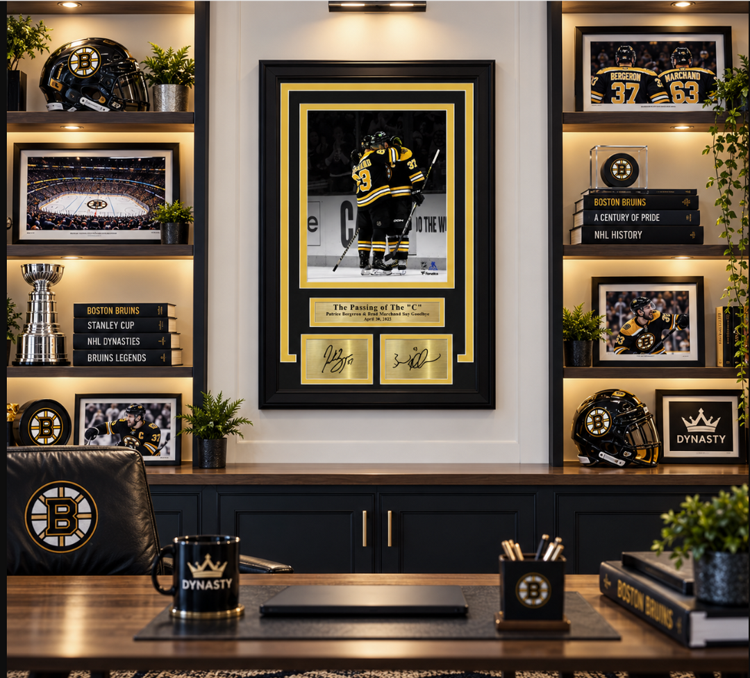 Brad Marchand & Patrice Bergeron, Bergerons Last Game Bruins 11x14 Framed Photo w/ Laser Autographs