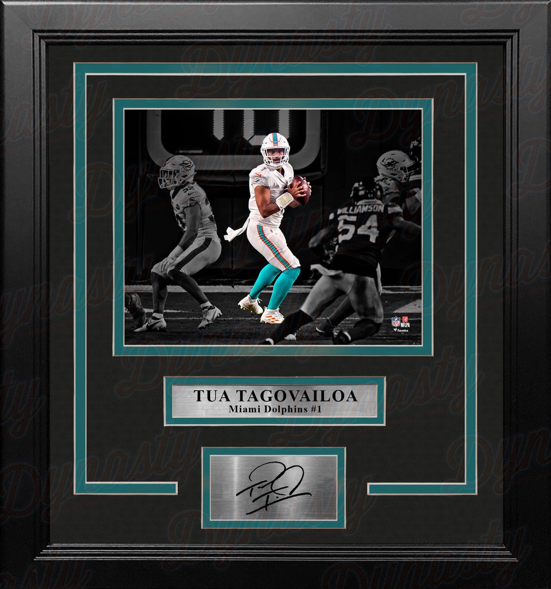 Tua Tagovailoa in Action Miami Dolphins 8x10 Framed Blackout Football Photo with Engraved Autograph