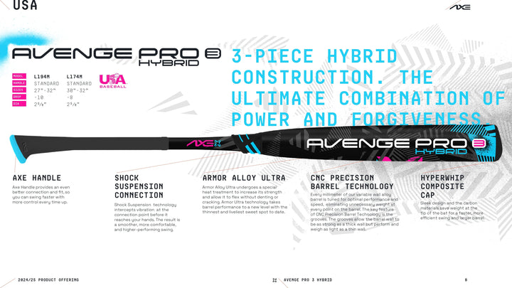 Axe Bats Baseball & Softball Bats 2024 Avenge Pro 3 Hybrid USA Baseball Bat Standard Handle | Axe Bats