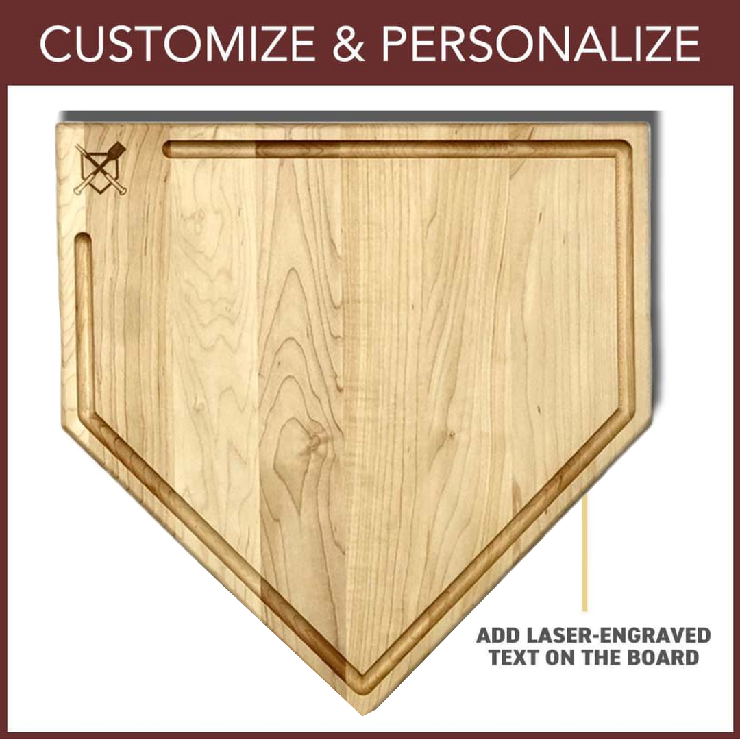 Baseball BBQ Accessories Full Size (17" x 17") Home Plate Cutting Board with Trough & Custom Text Engraving OR Personal Logo