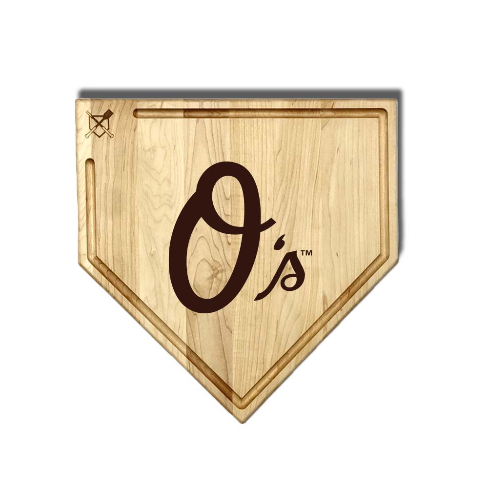 Baseball BBQ Baltimore Orioles "O's" Home Plate Cutting Board (With Trough) / 17"x17" Baltimore Orioles Home Plate Cutting Boards | Multiple Sizes | Multiple Designs