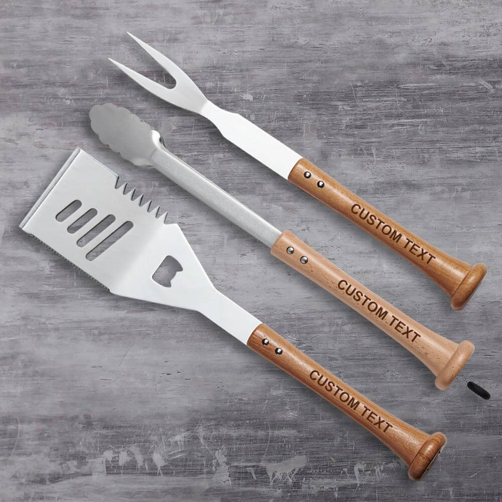 Baseball BBQ BBQ Tools "Triple Play" Grill Set with Customized Handles