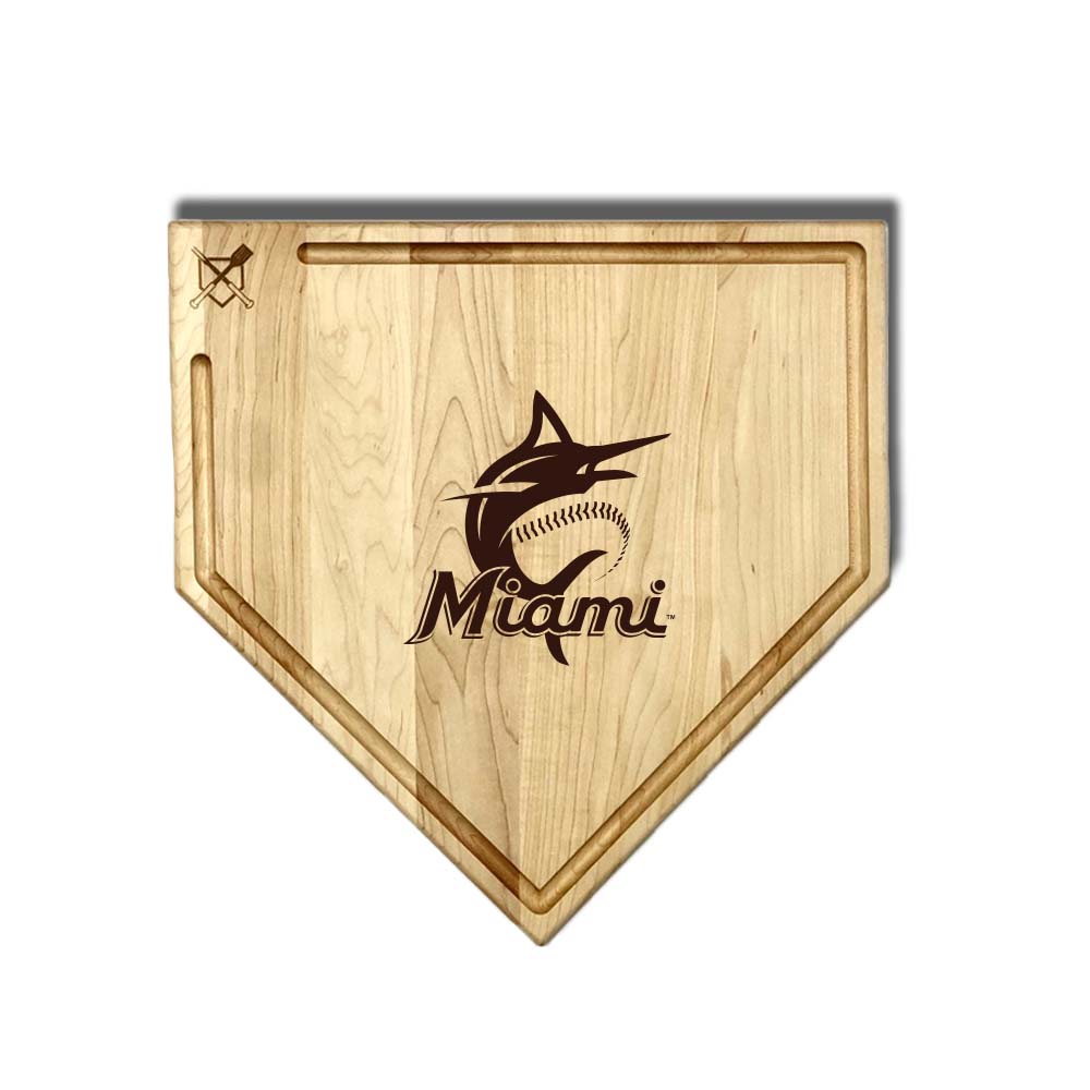 Baseball BBQ Miami Marlins "Miami" Home Plate Cutting Board (With Trough) / 17"x17" Miami Marlins Home Plate Cutting Boards | Multiple Sizes | Multiple Designs