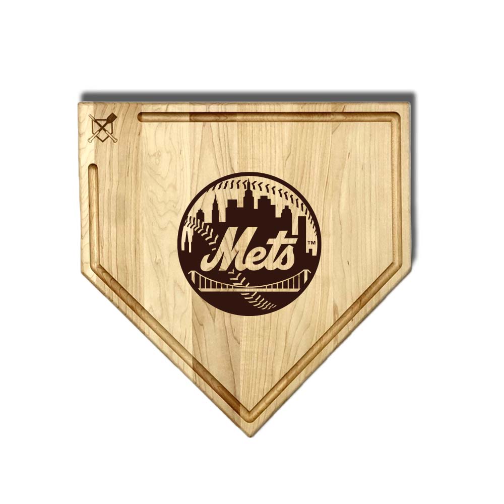 Baseball BBQ New York Mets "Mets" Home Plate Cutting Board (With Trough) / 17"x17" New York Mets Home Plate Cutting Boards | Multiple Sizes | Multiple Designs