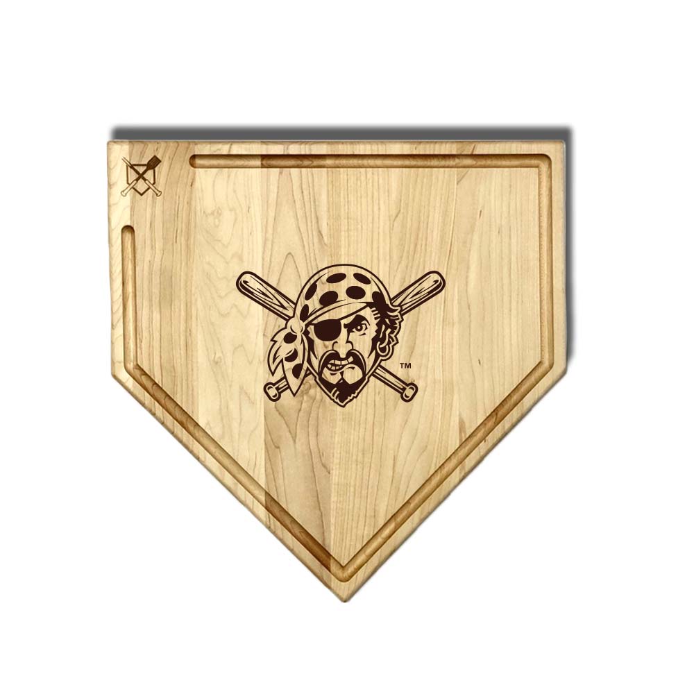 Baseball BBQ Pittsburgh Pirates "Pirate" Home Plate Cutting Board (With Trough) / 17"x17" Pittsburgh Pirates Home Plate Cutting Boards | Multiple Sizes | Multiple Designs