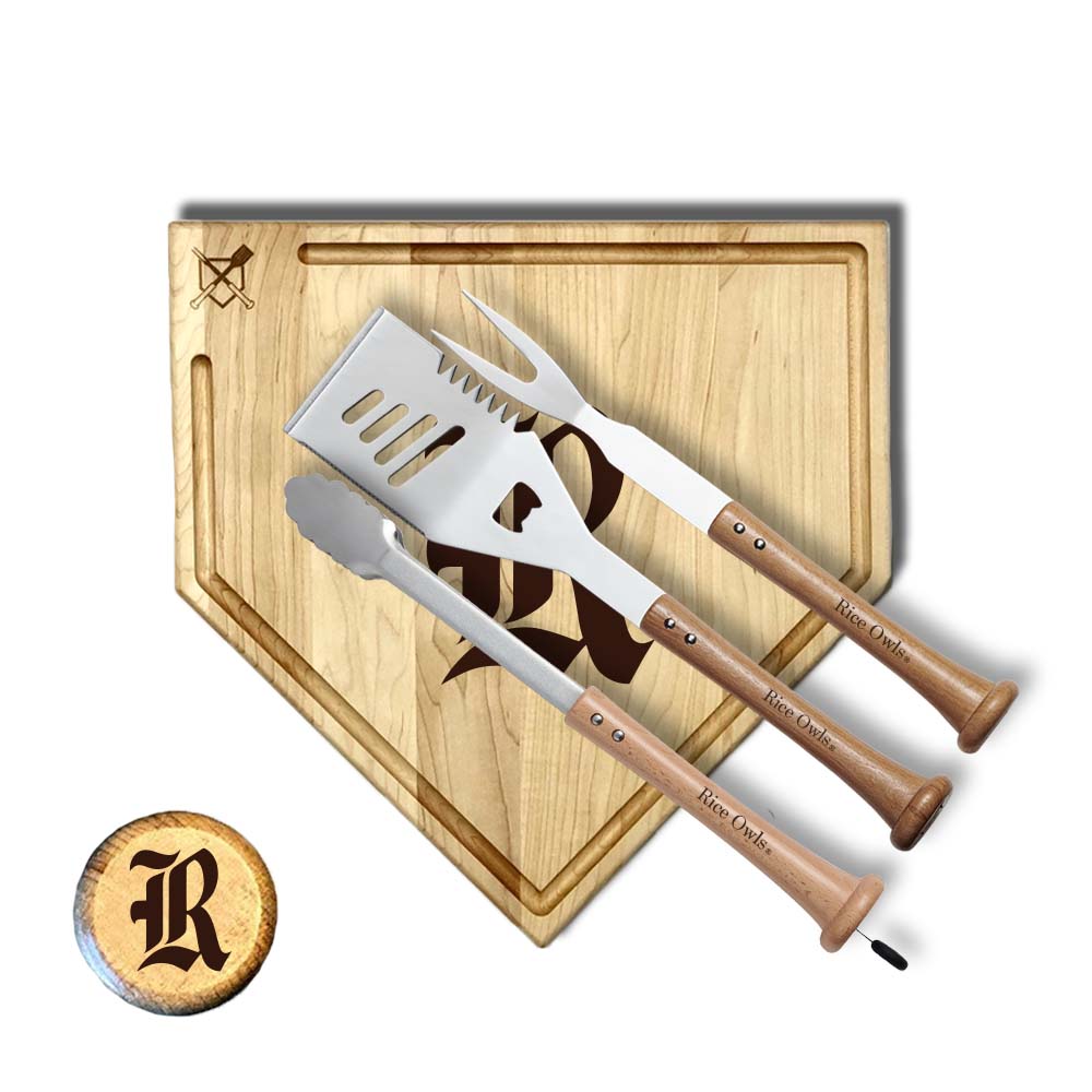 Baseball BBQ Rice Silver Slugger Home Plate Style w/ Trough (17" x 17") Rice "SILVER SLUGGER" Combo Set
