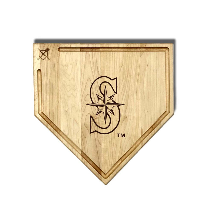 Baseball BBQ Seattle Mariners "S" Home Plate Cutting Board (With Trough) / 17"x17" Seattle Mariners Home Plate Cutting Boards | Multiple Sizes | Multiple Designs