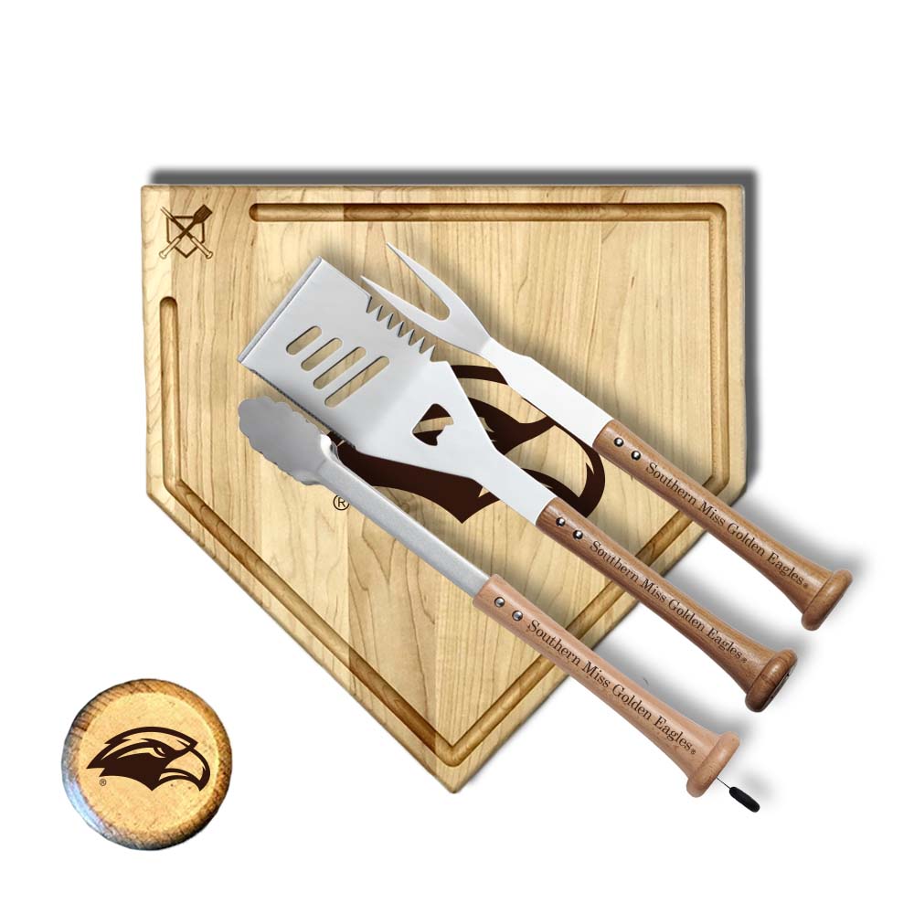 Baseball BBQ Southern Mississippi Silver Slugger Home Plate Style 1 w/ Trough (17" x 17") Southern Mississippi "SILVER SLUGGER" Combo Set