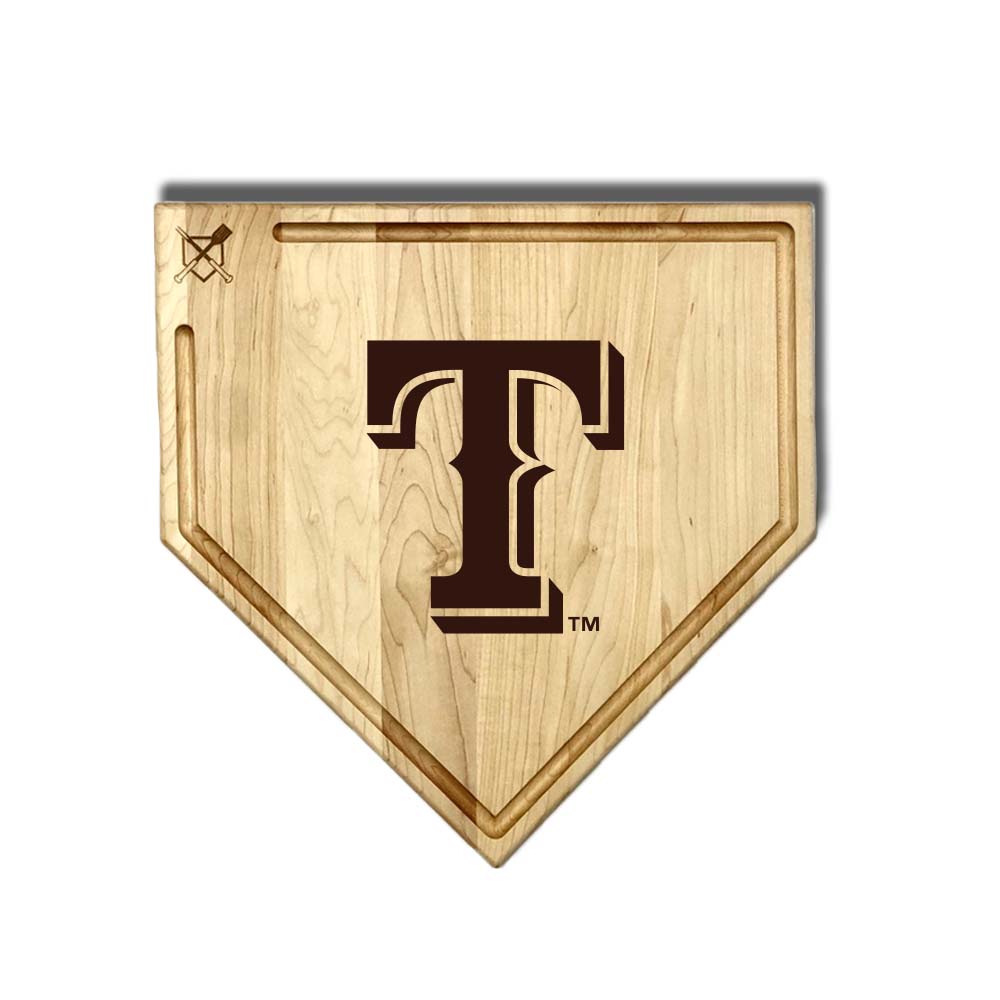 Baseball BBQ Texas Rangers "T" Home Plate Cutting Board (With Trough) / 17"x17" Texas Rangers Home Plate Cutting Boards | Multiple Sizes | Multiple Designs