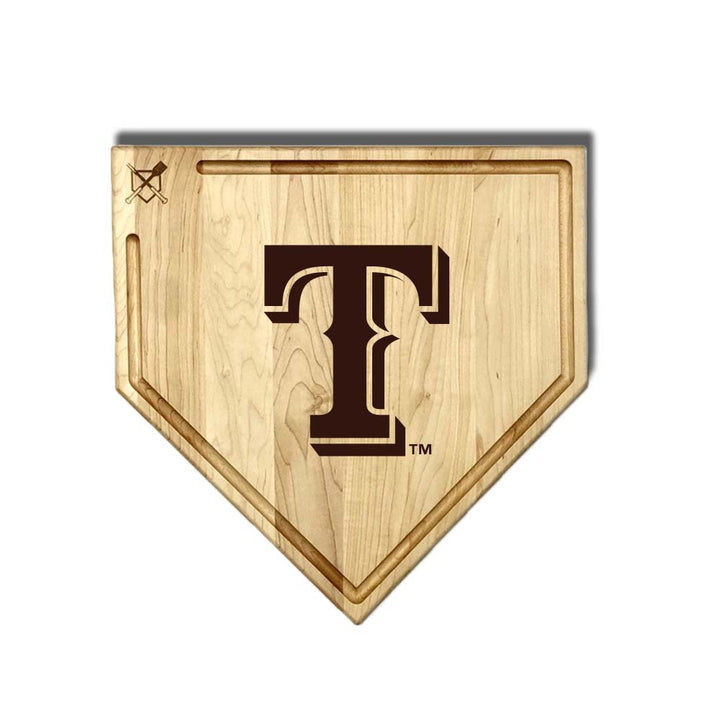 Baseball BBQ Texas Rangers "T" Home Plate Cutting Board (With Trough) / 17"x17" Texas Rangers Home Plate Cutting Boards | Multiple Sizes | Multiple Designs